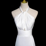 halter neck satin mermaid formal long dress , white wedding dress HZ1024
