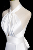 halter neck satin mermaid formal long dress , white wedding dress HZ1024