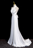 halter neck satin mermaid formal long dress , white wedding dress HZ1024