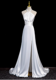 halter neck satin mermaid formal long dress , white wedding dress HZ1024