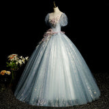 blue A-line tulle sequins formal long dress, gray blue evening dress HZ1024