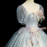 blue A-line tulle sequins formal long dress, gray blue evening dress HZ1024