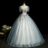 blue A-line tulle sequins formal long dress, gray blue evening dress HZ1024