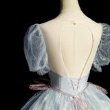 blue A-line tulle sequins formal long dress, gray blue evening dress HZ1024