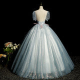 blue A-line tulle sequins formal long dress, gray blue evening dress HZ1024
