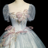 blue A-line tulle sequins formal long dress, gray blue evening dress HZ1024
