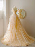Tulle Lace Champagne Long Prom Dress, Champagne Long Formal Dress HZ1024