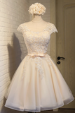 A-line tulle lace embroidered homecoming dress, champagne bridesmaid dress HZ1024