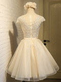 A-line tulle lace embroidered homecoming dress, champagne bridesmaid dress HZ1024