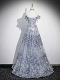 A-line Off-shoulder Tulle Long Prom Dress, Gray Evening Dress HZ1024