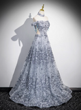 A-line Off-shoulder Tulle Long Prom Dress, Gray Evening Dress HZ1024