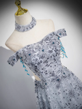 A-line Off-shoulder Tulle Long Prom Dress, Gray Evening Dress HZ1024
