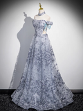 A-line Off-shoulder Tulle Long Prom Dress, Gray Evening Dress HZ1024