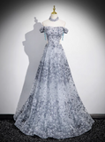 A-line Off-shoulder Tulle Long Prom Dress, Gray Evening Dress HZ1024