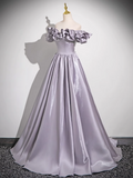 Purple A-line Off-shoulder Satin Long Prom Dress, Gray Purple Evening Dress HZ1024