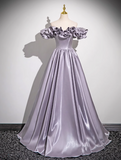 Purple A-line Off-shoulder Satin Long Prom Dress, Gray Purple Evening Dress HZ1024