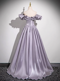 Purple A-line Off-shoulder Satin Long Prom Dress, Gray Purple Evening Dress HZ1024