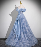 A-line Off-shoulder Tulle Satin Long Prom Dress, Blue Evening Dress HZ1024