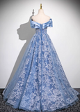 A-line Off-shoulder Tulle Satin Long Prom Dress, Blue Evening Dress HZ1024