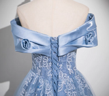 A-line Off-shoulder Tulle Satin Long Prom Dress, Blue Evening Dress HZ1024