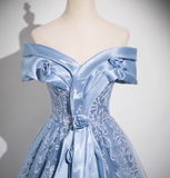 A-line Off-shoulder Tulle Satin Long Prom Dress, Blue Evening Dress HZ1024