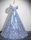 A-line Off-shoulder Tulle Satin Long Prom Dress, Blue Evening Dress HZ1024