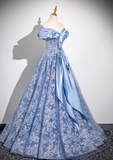 A-line Off-shoulder Tulle Satin Long Prom Dress, Blue Evening Dress HZ1024