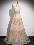 A-line tulle sequin long prom dress, champagne evening dress HZ1024