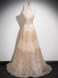 A-line tulle sequin long prom dress, champagne evening dress HZ1024