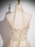 A-line tulle sequin long prom dress, champagne evening dress HZ1024