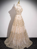 A-line tulle sequin long prom dress, champagne evening dress HZ1024