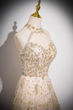 A-line tulle sequin long prom dress, champagne evening dress HZ1024