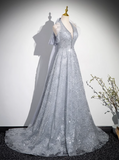V-neck mesh sequin long prom dress, evening dress HZ1024