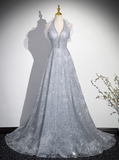 V-neck mesh sequin long prom dress, evening dress HZ1024