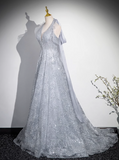 V-neck mesh sequin long prom dress, evening dress HZ1024