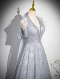 V-neck mesh sequin long prom dress, evening dress HZ1024