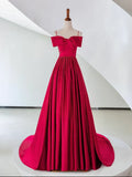 Off Shoulder Satin Red Long Prom Dress, Red Evening Dress HZ1024