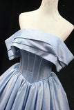 Blue Satin Long Prom Dress, Elegant Off the Shoulder Evening Party Dress HZ1024
