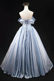 Blue Satin Long Prom Dress, Elegant Off the Shoulder Evening Party Dress HZ1024