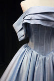 Blue Satin Long Prom Dress, Elegant Off the Shoulder Evening Party Dress HZ1024