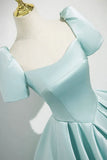 Satin Long Prom Dress, Beautiful Blue Short Sleeve Evening Party Dress HZ1024