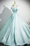 Satin Long Prom Dress, Beautiful Blue Short Sleeve Evening Party Dress HZ1024