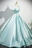 Satin Long Prom Dress, Beautiful Blue Short Sleeve Evening Party Dress HZ1024