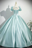 Satin Long Prom Dress, Beautiful Blue Short Sleeve Evening Party Dress HZ1024