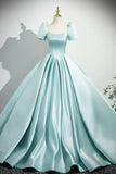 Satin Long Prom Dress, Beautiful Blue Short Sleeve Evening Party Dress HZ1024
