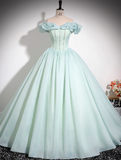 Green A-line Off-shoulder Organza Beaded Long Prom Dress, Sweet 16 Dress HZ1024