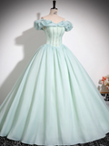 Green A-line Off-shoulder Organza Beaded Long Prom Dress, Sweet 16 Dress HZ1024