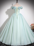 Green A-line Off-shoulder Organza Beaded Long Prom Dress, Sweet 16 Dress HZ1024