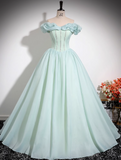 Green A-line Off-shoulder Organza Beaded Long Prom Dress, Sweet 16 Dress HZ1024