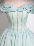 Green A-line Off-shoulder Organza Beaded Long Prom Dress, Sweet 16 Dress HZ1024